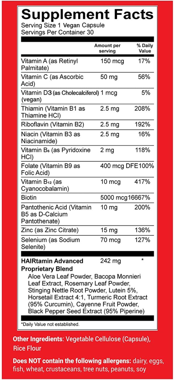 HAIRtamin Croissance rapide des cheveux Biotine Vitamines Sans gluten trente capsules végétariennes nutrition